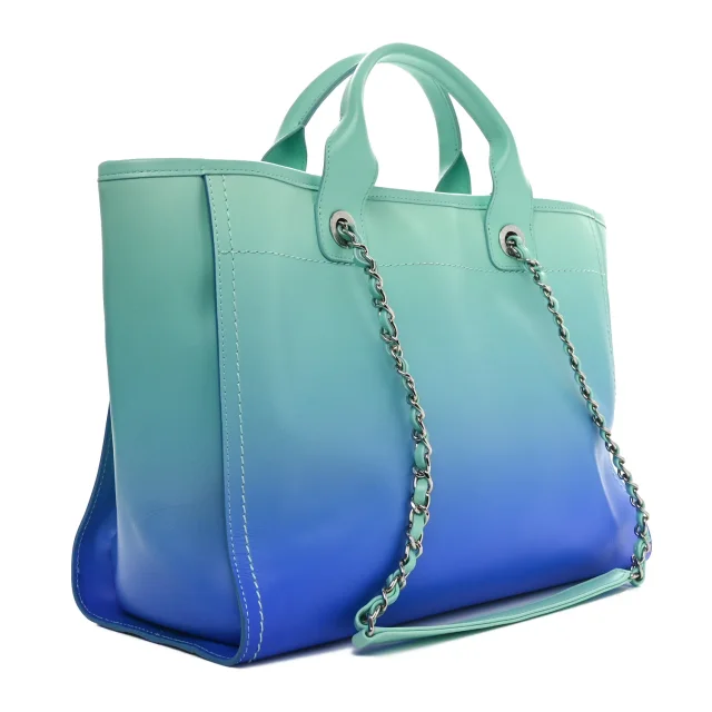 Chanel Shaded Calfskin Small Deauville Tote Light Green Turquoise Purple in Blue Calfskin from FASHIONPHILE, photo 4 of 11