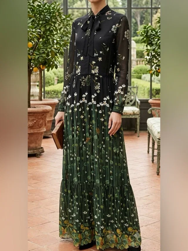 REDValentino Floral Print Maxi Dress Silk Chiffon Long Sleeve in green|black Silk from Poshmark
