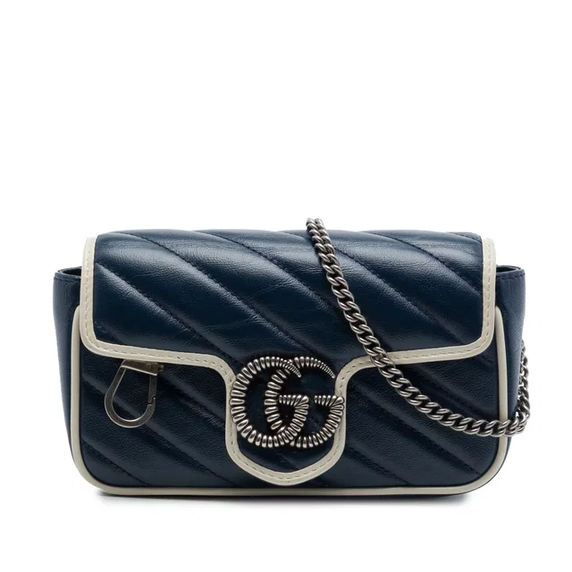 Blue Gucci Super Mini GG Marmont Matelasse Leather Torchon Flap Crossbody in Blue Leather from Designer Revival