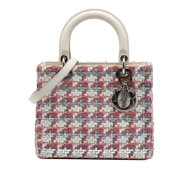 White Dior Medium Woven Lambskin and Tweed Lady Dior Satchel in White Lambskin from Designer Revival
