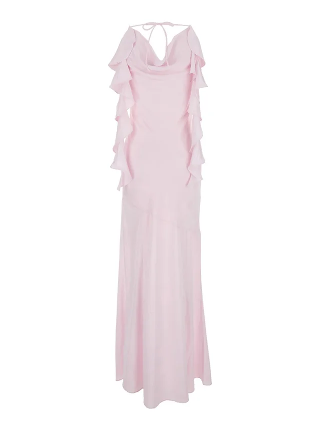 Rotate Long Dress 'Rosa' with Back Opening and Draped Details in Pink Fabric for Women in Pink 100% Polyester, photo 4 of 6 from Gaudenzi Boutique