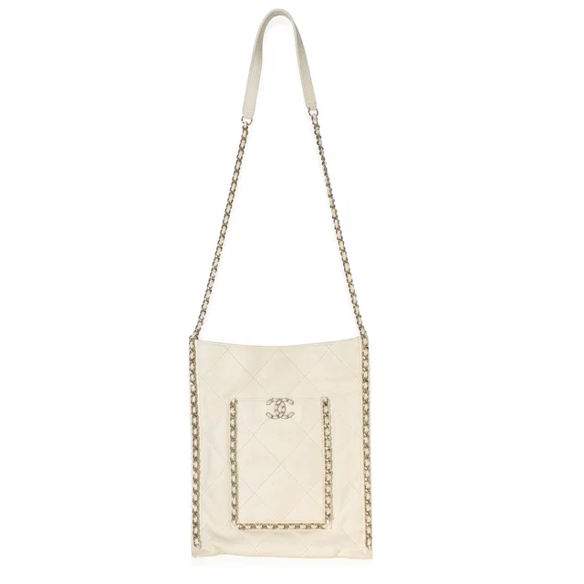 Chanel White Quilted Calfskin Small Chain Flat Tote Beige Leather Handbag in White Calfskin from HEWI