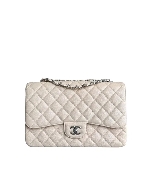 Chanel Classic Flap Jumbo - Caviar 30cm Single Flap Quilted Beige Silver Hardware Series 13 in Beige Caviar leather from Luxury Promise