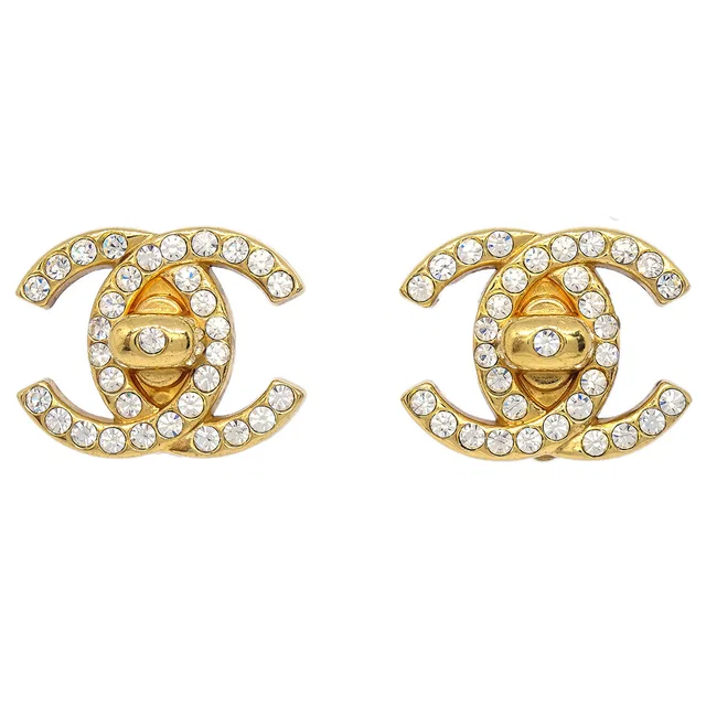 Chanel CC Turnlock Clip-On Earrings Gold Rhinestone Large 97P in Gold from AMORE Vintage Tokyo