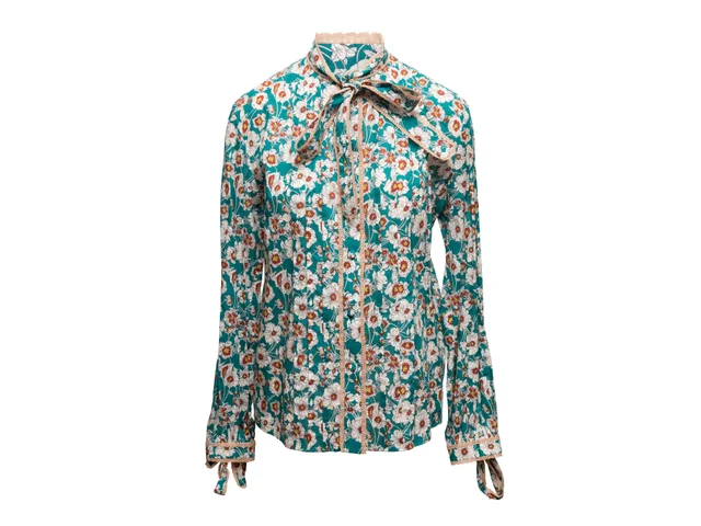 Blue & Multicolor Gucci Floral Print Pussy Bow Blouse Size IT 42 in Blue from Designer Revival