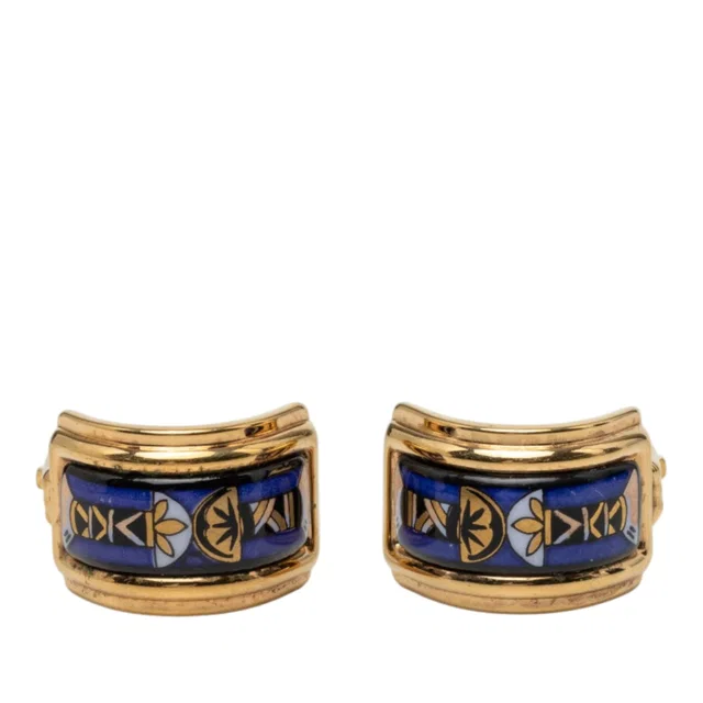 Blue Hermès Gold Plated Enamel Cloisonne Clip On Earrings in Blue from Designer Revival