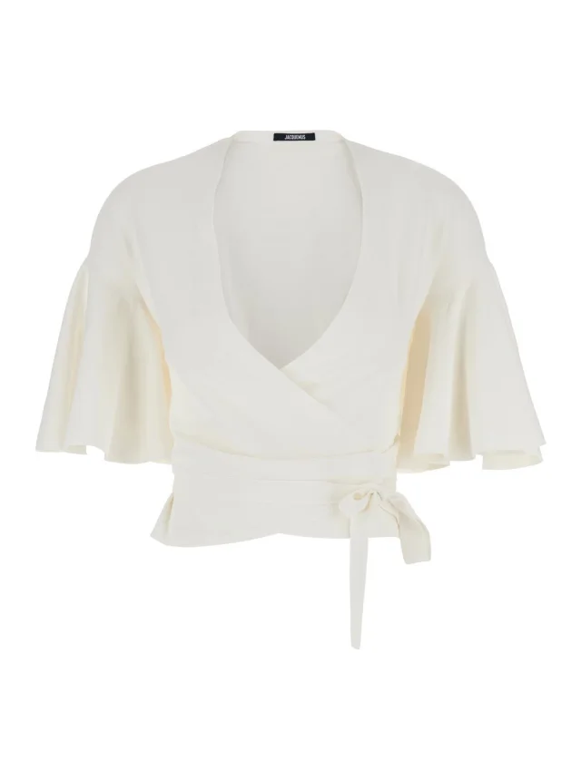 Jacquemus White Top with Crossed Neck In Tech Fabric for Women in White 88% Viscose 12% Polyester from Gaudenzi Boutique, photo 1 of 1