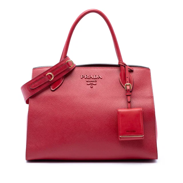 Red Prada Medium Saffiano Cuir Monochrome Top Handle Tote Satchel in Red Saffiano leather from Designer Revival