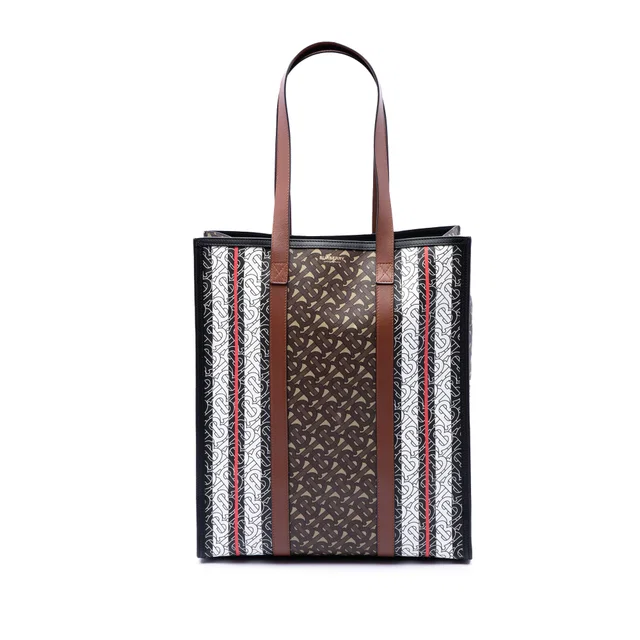 Brown Burberry TB Monogram E-Canvas Stripe Vertical Tote in Brown Canvas from Designer Revival