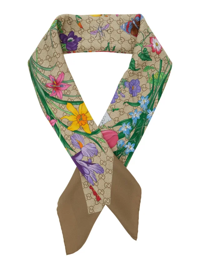 Gucci Floral Gg Silk Twill Scarf — Beige Scarfs in Beige Silk from HEWI, photo 2 of 3