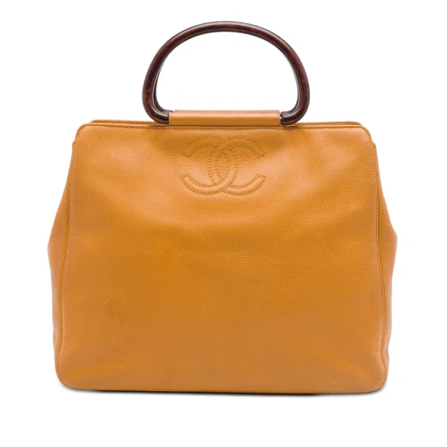 Tan Chanel CC Caviar Wood Top Handle Tote in Brown Caviar leather from Designer Revival