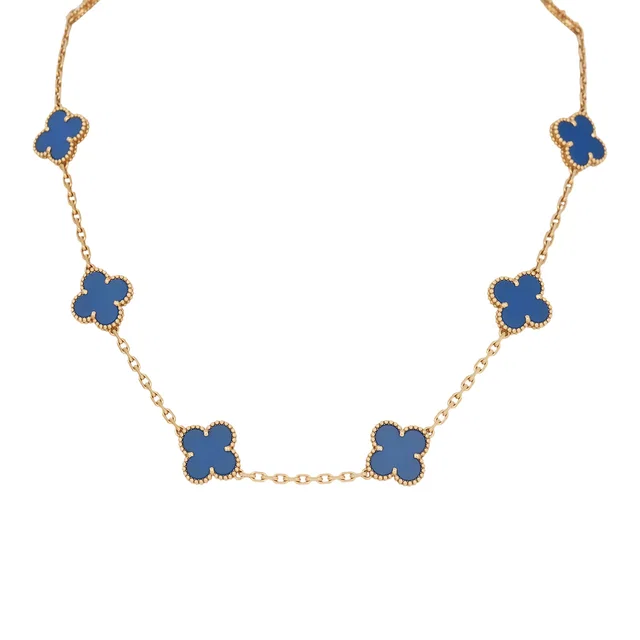 Van Cleef & Arpels Vintage Alhambra 10 Motif Necklace Blue Agate 18K Yellow Gold in Blue from Madison Avenue Couture