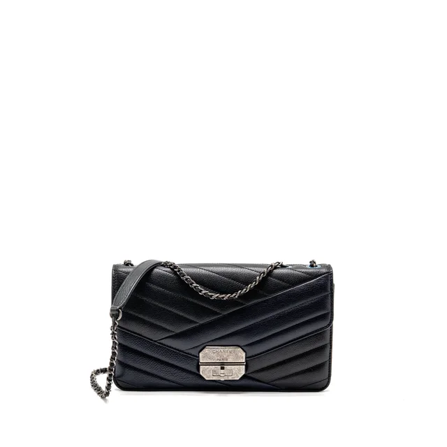 Chanel Envelop Metal Plate Flap Bag Chevron Calfskin Black/Navy Ruthenium silver Hardware in Black Calfskin from EMIER