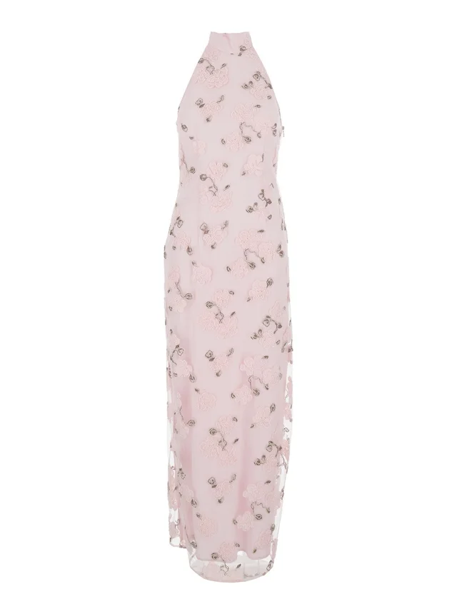 Rotate Long Dress 'Floral' with Open Back in Pink Fabric for Women in Pink 100% Polyester, photo 2 of 6 from Gaudenzi Boutique
