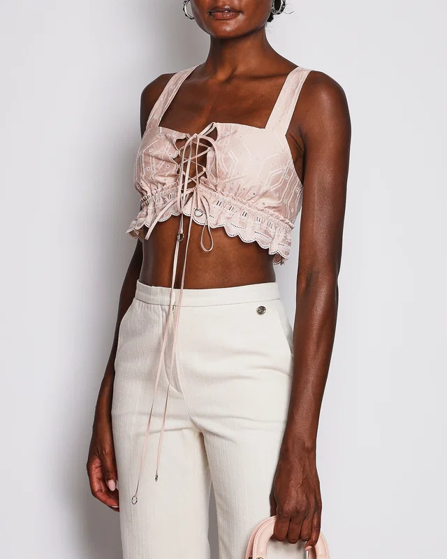 Hermès Light Pink Embroidered Bralette Top with Ribbons and Scalloped Trim Detail Size FR 36 (UK 8) in Pink from Sellier