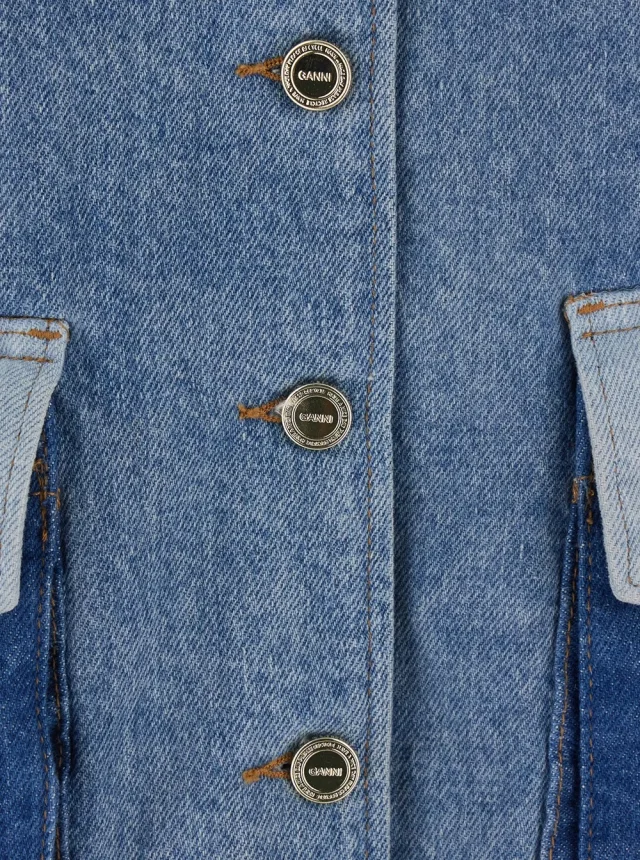 GANNI Blue Jacket with classic collar with fringed details and patchwork design in denim for women in Blue, photo 5 of 6 from Gaudenzi Boutique