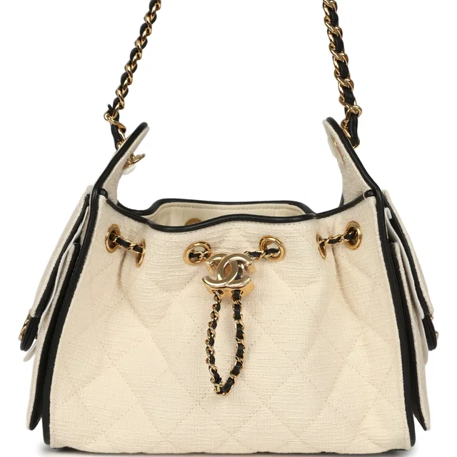 Chanel Mini 25 Hobo Bag Ecru Canvas and Black Calfskin Gold Hardware in Black Calfskin from Madison Avenue Couture