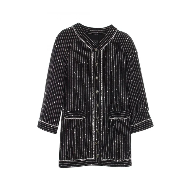 Chanel CC Logo Button Stripe Collarless Cotton Coat from The Reluxe
