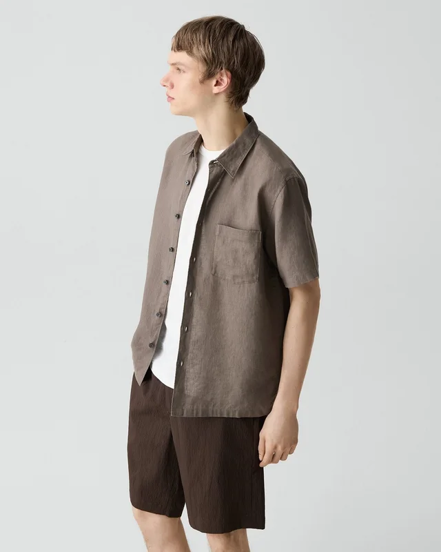 Theory Irving Short-Sleeve Shirt in Relaxed Linen in MOREL 100% Linen, photo 9 of 12 from Theory