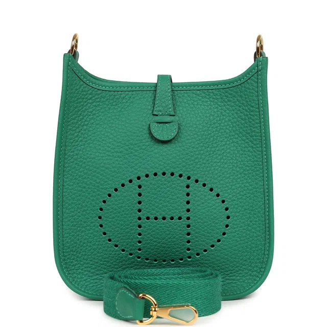 Hermès Evelyne TPM Vert Vertigo Clemence Gold Hardware in Green Clemence leather from Madison Avenue Couture
