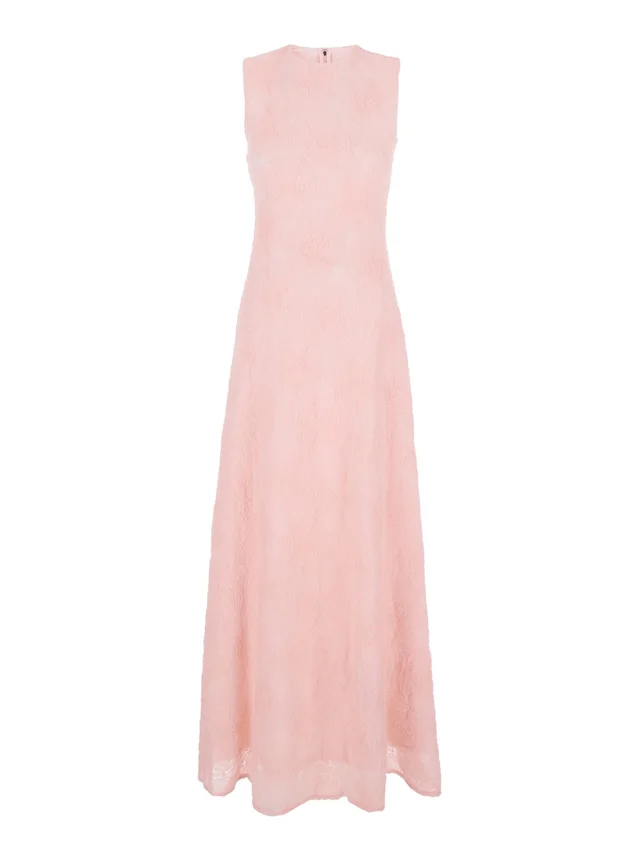 Rotate Long 'Crew Neck' Dress with All-Over Embroidery and Zip Closure at the Back in Stretch Tech Fabric Pink Women in Pink 95% Polyester 5% Elastane, photo 2 of 5 from Gaudenzi Boutique