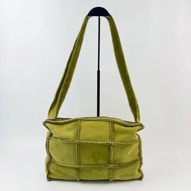 Chanel Patchwork Logo Shoulder Bag Shearling Suede Green Silver Seal Vintage in Green Suede from The Reluxe