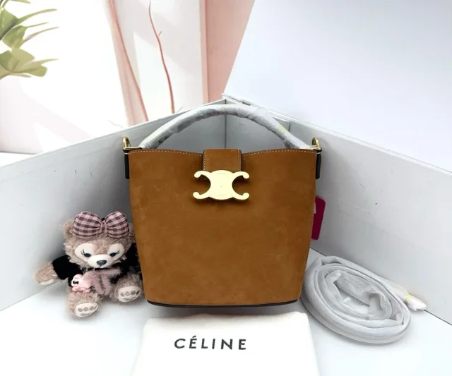 Celine Tan Suede Leather Small Triomphe Bucket Bag in Brown Suede from Luxury Promise