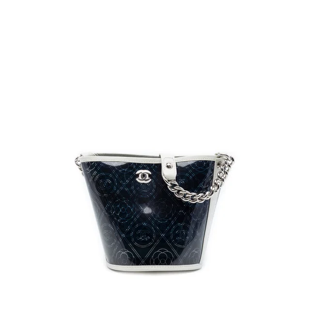Black Chanel Small PVC and Crumpled Calfskin Camellia Coco Bucket Bag in Black Calfskin from Designer Revival