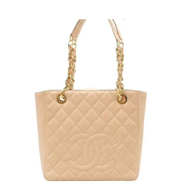 Chanel Chain Tote Bag Petite Shopping PST Quilted Beige Gold Caviar Leather in Beige Caviar leather from The Reluxe
