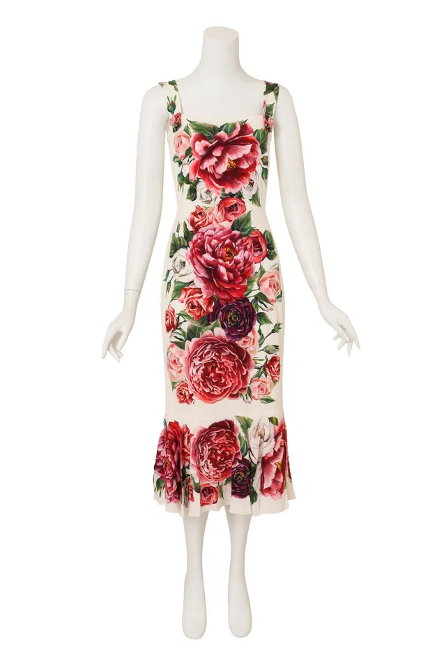 Dolce & Gabbana Rose Button Floral Tea Dress in Pink Nylon from Recess LA