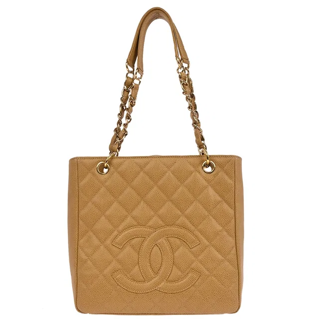 Chanel 2003-2004 Beige Caviar Petite Shopping Tote PST Chain Handbag in Beige Caviar leather from AMORE Vintage Tokyo