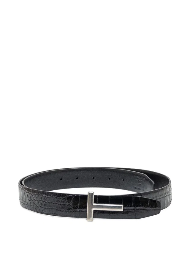 Tom Ford Crocodile-Print Calf Leather T-Buckle Belt — Black in Black Calfskin from HEWI