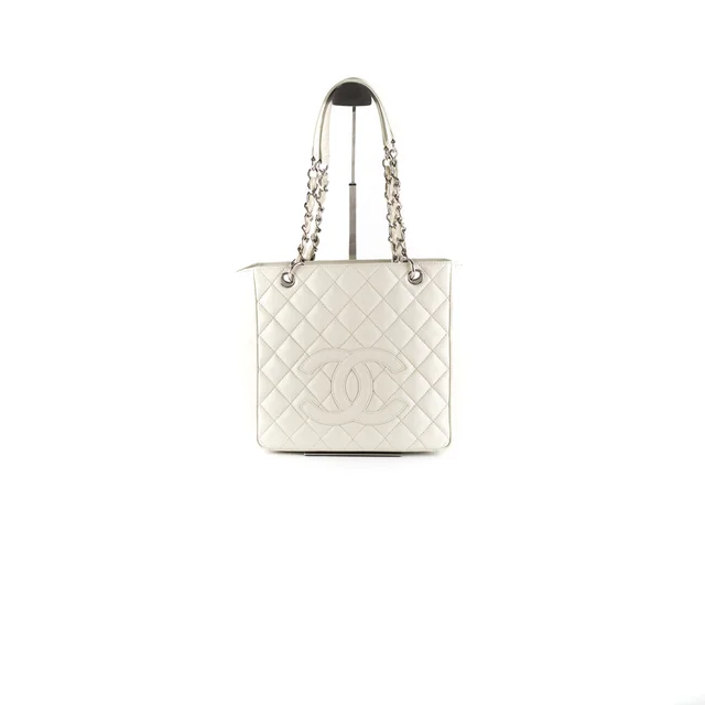 Chanel Quilted Caviar Petite Shopping Tote Cream (Olive undertone) in White Caviar leather from The Purse Affair