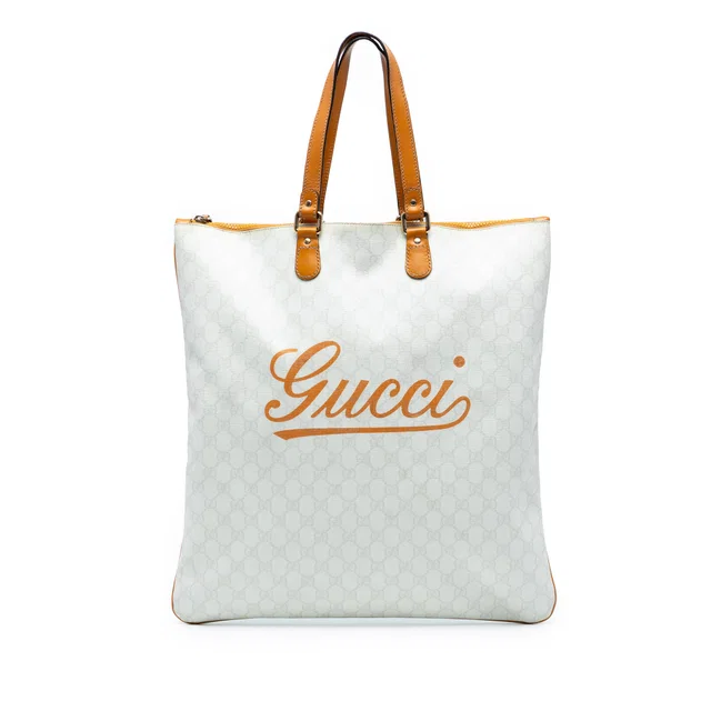 White Gucci GG Supreme Heritage Logo Flat Zip Tote in White Coated canvas from Designer Revival
