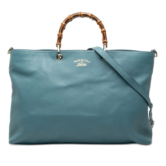Blue Gucci Large Calfskin Bamboo Shopper Satchel in Blue Calfskin from Designer Revival