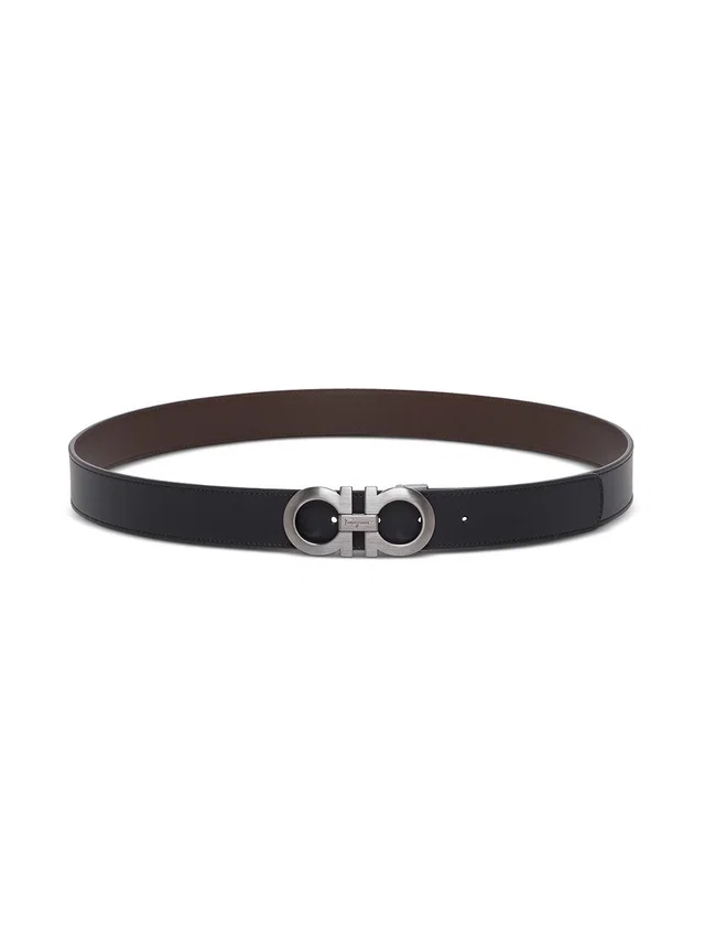 Ferragamo Gancini Buckle Leather Belt — Black Calf in Black Leather from HEWI