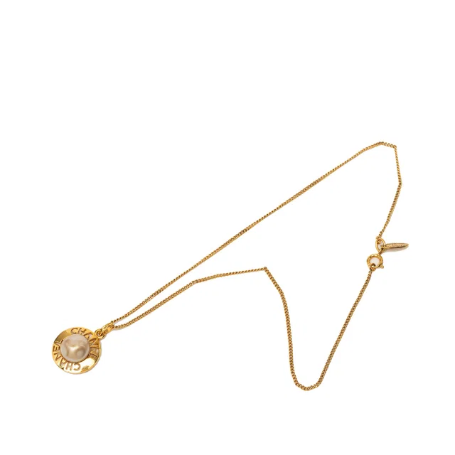 Gold Chanel Gold Plated Faux Pearl Logo Round Pendant Necklace in Gold from Designer Revival