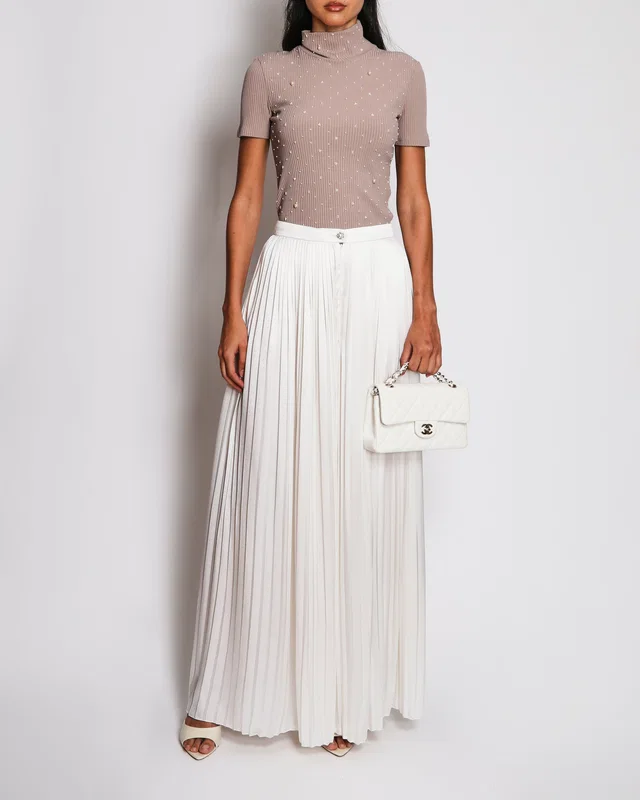 Chanel Cream Silk Pleated Maxi Trousers With Crytsal Button Details FR 36 (UK 8) in White Silk from Sellier