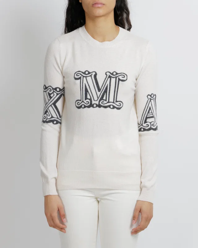 Max Mara Cream Cashmere Jumper with Grey Logo Detail Size S (UK 8) in White Cashmere from Sellier