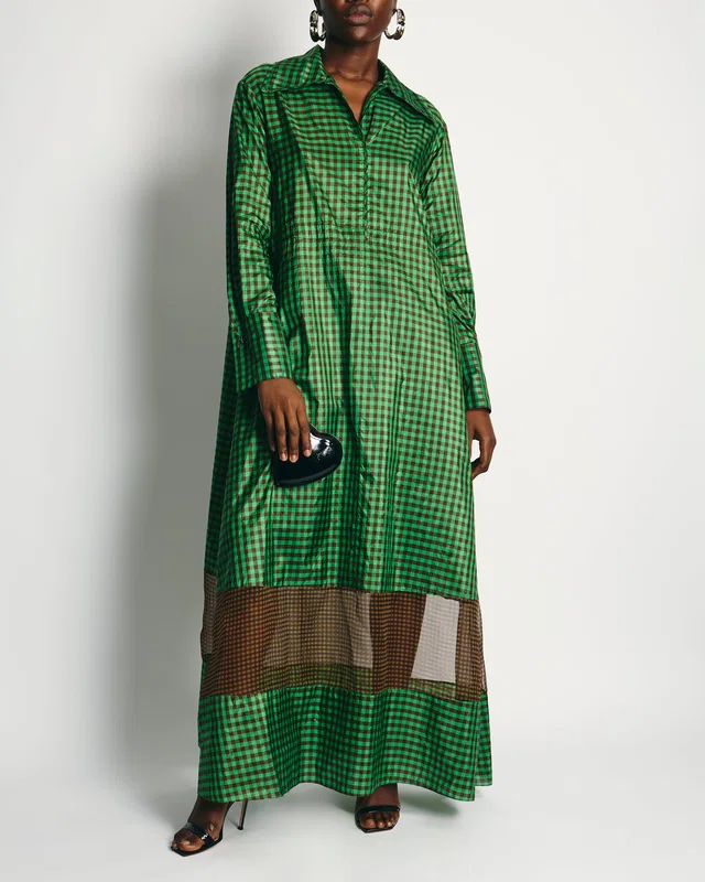 Fendi Green and Brown Silk Checked Maxi Dress with Logo Buttons Size IT 42 (UK 10) in Brown Silk from Sellier