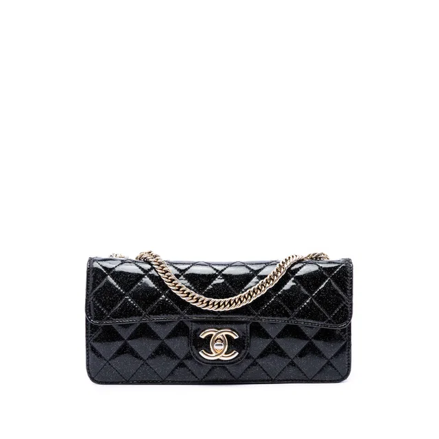 Black Chanel Quilted Patent Glitter Evening Star East West Flap Shoulder Bag in Black Patent leather from Designer Revival