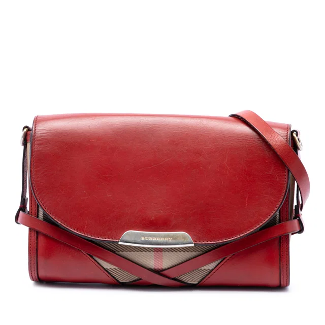 Red Burberry Leather and House Check Canvas Bridle Abbott Crossbody in Red Canvas from Designer Revival