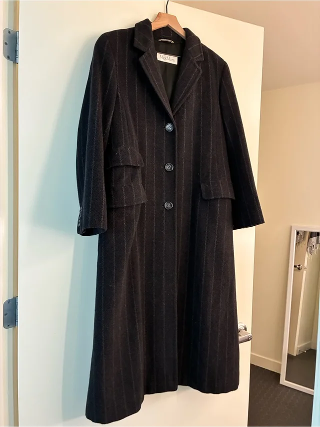 Max Mara Charcoal Pinstripe Wool Long Overcoat Made In Italy in black Wool from Poshmark