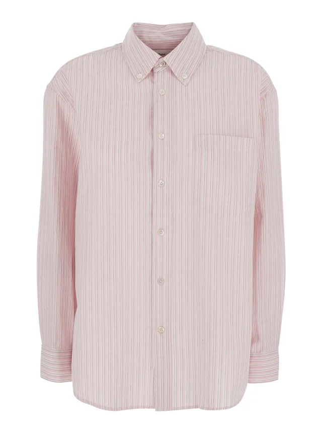 DUNST Pink Shirt with button-down collar and all-over striped motif in cotton blend for women in Pink 75% Cotton 25% Polyester, photo 2 of 6 from Gaudenzi Boutique