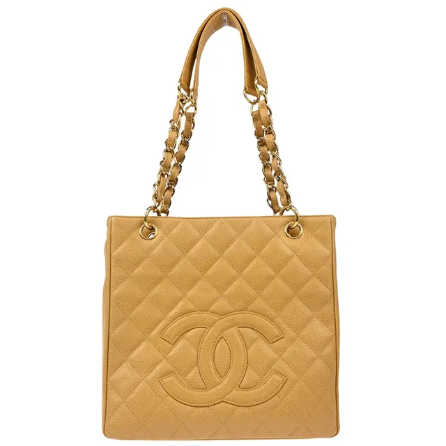 Chanel Beige Caviar Petite Shopping Tote PST Chain Handbag in Beige Caviar leather from AMORE Vintage Tokyo