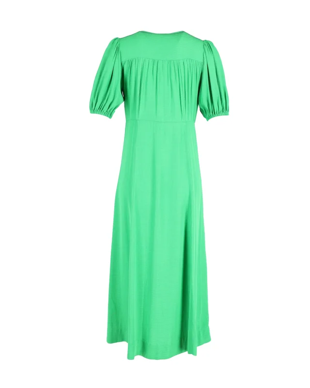 GANNI Puff Sleeve Midi Wrap Dress in Green Viscose in Green, photo 3 of 3 from ShopSimon
