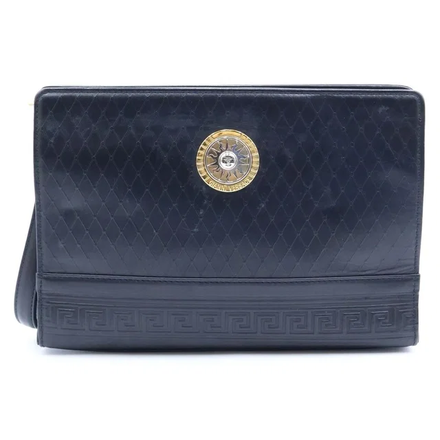 Versace Sun Motif Logo Plate Leather Hand Clutch Second Black Gold in Black Leather from The Reluxe