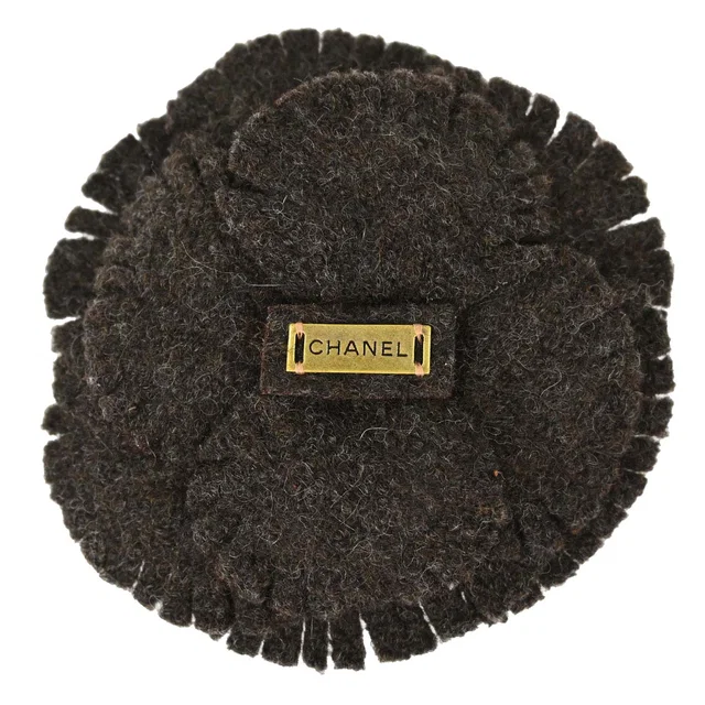 Chanel Dark Brown Wool Camellia Brooch Pin in Brown Wool from AMORE Vintage Tokyo