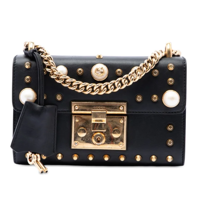 Black Gucci Small Pearl Studded Leather Padlock Crossbody in Black Leather from Designer Revival