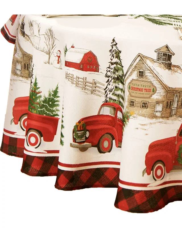 Elrene Home Fashions Vintage Christmas Tree Farm Holiday Round Tablecloth, image 1 of 1 from Rue La La